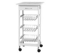 BAKAJI Carrello da Cucina Salvaspazio in Legno MDF Bianco con 3 Cestelli Portafrutta in Acciaio Cassetto Portaposate Piano d'Appoggio Piastrellato e 4 Ruote Girevoli 360 Gradi 37 x 76 cm
