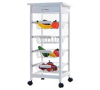 BAKAJI Carrello da Cucina Salvaspazio in Legno MDF Bianco con 4 Cestelli Portafrutta in Acciaio Cassetto Portaposate Piano d'Appoggio Piastrellato e 4 Ruote Girevoli 360 Gradi 37 x 82 cm