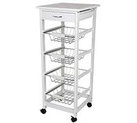 BAKAJI Carrello da Cucina Salvaspazio in Legno MDF Bianco con 4 Cestelli Portafrutta in Acciaio Cassetto Portaposate Piano d'Appoggio Piastrellato e 4 Ruote Girevoli 360 Gradi 37 x 82 cm