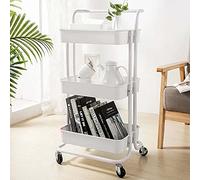 BAKAJI Carrello Estetista Trolley Cucina in Metallo 3 Ripiani e 4 Ruote girevoli a 360 Gradi con Freno Multiuso Salvaspazio Casa Cucina Dimensione 32,5 x 75 x 25 cm Design Moderno (Bianco)