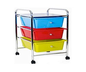BAKAJI Carrello Multiuso in Acciaio Cromato Cassettiera 3 Cassetti e 4 Ruote Carrellino Organizer Salvaspazio per Bagno Casa Ufficio Estetista Lavoro (Multicolor)