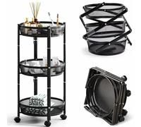 BAKAJI Carrello Pieghevole Salvaspazio Tondo a 3 Ripiani in Metallo, Carrellino Richiudibile Ergonomico Rotondo, Organizer 88 x 35 cm Ideale per Bagno, Cucina, Ufficio con 4 Ruote (Nero)