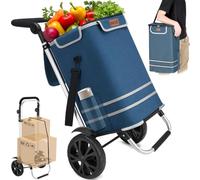 BAKAJI Carrello Spesa 3 in 1 Pieghevole borsa a Sacco Capacità di 56 Litri, Carrellino a Mano Portaspesa e Portapacchi Carico 30 kg con Manico Ergonomico, Ruote e Tracolla, Trolley Salvaspazio (Blu)