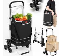 BAKAJI Carrello Spesa Montascale 3 in 1 Pieghevole per Trasporto con Capacità 50 Litri, Carrellino a Mano Portaspesa con Borsa Refrigerante, Carico Massimo 30kg, Manico Ergonomico, Tracolla (Nero)