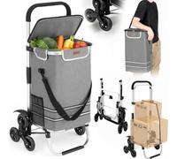 BAKAJI Carrello Spesa Montascale 3 in 1 Pieghevole per Trasporto con Capacità 50 Litri, Carrellino a Mano Portaspesa con Borsa Refrigerante, Carico Massimo 30kg, Manico Ergonomico, Tracolla (Grigio)