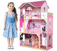 BAKAJI Casa delle Bambole Giocattolo per Bambini Realizzata Interamente in Legno 3 Piani 4 Stanze Curata in Ogni Dettaglio con Mobili e Accessori Gioco - 88 x 33 x H118 cm