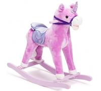 BAKAJI Cavallo a Dondolo per Bambini con Suoni Realistici, Animale che Nitrisce e Muove la bocca Struttura in Legno e Tessuto, Unicorno Peluche Rosa, Giochi Infanzia