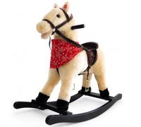 BAKAJI Cavallo a Dondolo per Bambini con Suoni Realistici, Animale che Nitrisce e Muover la Bocca, Pony Beige con Struttura in Legno e Rivestimento in Morbido Tessuto, Gioco Idea Regalo