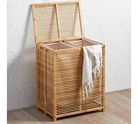 Bakaji Cesto Biancheria Sporca in Bambu Con Tessuto Grigio Portabiancheria Casa Bagno Con 2 Scomparti Contenitore Salvaspazio con Coperchio e Sacco Estraibile (50 x 35 x 60 cm)