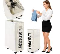 BAKAJI Cesto Porta Biancheria Sporca Portabiancheria Slim Salvaspazio Pieghevole in Tessuto Decorazione Scritta Contenitore con Chiusra a Rete Manico e 4 Ruote Dimensione 39 x 20 x 56 cm (Beige)