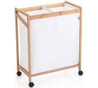 BAKAJI Cesto Porta Biancheria Sporca Salvaspazio in Bambù e Tessuto Bianco con 4 Ruote Girevoli a 360°, Materiali Anti Odori, Sacca Slim Portabiancheria, Organizer Bucato Capiente, 60 x 33 x 75 cm