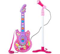 Bakaji Chitarra Elettrica + Microfono Karaoke Giocattolo Bambini con 8 Pulsanti Note 12 Canzoni Demo Effeti Luce Altezza Microfono Regolabile con Attacco Aux Mp3 Smartphone Tablet (Rosa)