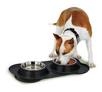 BAKAJI Ciotola per Animali Domestici con Vassoio in Silicone Antisporco, Coppia di Ciotole in Acciaio Inox per Cani e Gatti con Tappetino Nero Antiscivolo e Antirovescio, Mangiatoia Rimovibile