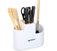 Bakaji Contenitore Organizer Porta Mestoli Utensili Cucina 2 Scomparti + Ceppo Portacoltelli per 4 Coltelli e Forbici in Plastica e Legno con Vassoio Raccolta Acqua Dimensione 25,5 x 12 x 21 cm