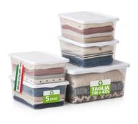 BAKAJI Contenitori Set 5 Pezzi 1M + 2XS in Plastica Trasparente con Coperchio Bianco, Spring Box Diverse Dimensioni Salvaspazio, Organizer Capiente e Robusto Portaoggetti Versatile Stoccaggio Armadio