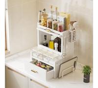 BAKAJI Credenza Scaffale Portaspezie in Metallo Salvaspazio, Scaffalatura Organizer Portatutto con Vetrinetta Trasparente per Cucina, Base Antiscivolo e Cassetto, 41 x 28 x 52 cm (Bianco)