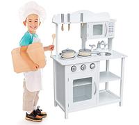 BAKAJI Cucina in Legno Giocattolo Bianco per Bambini con Anta, Cassetti, Lavagna e Lavello in Plastica, 4 Fornelli, Forno Apribile e Microonde, Chiusure Magnetiche e Accessori 60 x 30 x 90 cm