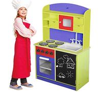 BAKAJI Cucina in Legno Giocattolo Multicolore per Bambini con Anta, Cassetti, Lavagna e Lavello in Plastica, 4 Fornelli, Forno Apribile e Microonde, Chiusure Magnetiche e Accessori 60 x 30 x 90 cm