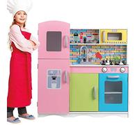 BAKAJI Cucina in Legno Giocattolo per Bambini con Frigorifero Lavello in Plastica 4 Fornelli Forno Apribile Microonde pentole Padelle e Accessori Gioco in Acciaio Dimensione 80 x 30 x 85 cm