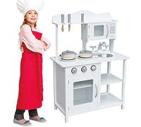 Bakaji Cucina in Legno Giocattolo per Bambini con Lavello in Acciaio 2 Fornelli Forno Apribile e Microonde Chiusure Magnetiche Pentole Padelle e Accessori Gioco 60 x 30 x 90 cm (Bianco)
