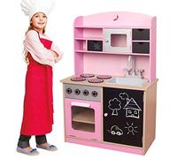 BAKAJI Cucina in Legno Giocattolo Rosa per Bambini con Anta, Cassetti, Lavagna e Lavello in Plastica, 4 Fornelli, Forno Apribile e Microonde, Chiusure Magnetiche e Accessori 60 x 30 x 90 cm