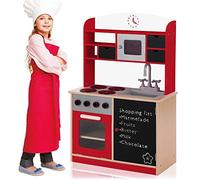 BAKAJI Cucina in Legno Giocattolo Rosso per Bambini con Anta, Cassetti, Lavagna e Lavello in Plastica, 4 Fornelli, Forno Apribile e Microonde, Chiusure Magnetiche e Accessori 60 x 30 x 90 cm