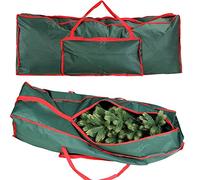 BAKAJI Custodia Sacco Porta Albero di Natale Extra Large Robusta, Tessuto Verde e Rosso, Molto Capiente con Tasca e Maniglie PVC,Chiusura Zip, per Alberi Fino a 270 cm Grande Dimensioni 125x30x50cm