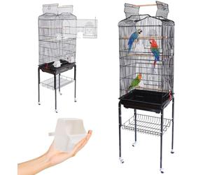 BAKAJI Gabbia Voliera per Uccelli, Pappagalli Inseparabili, Calopsite, Gabbietta Parrocchetti Volatili Piedistallo e Ruote, Tetto Apribile e Mangiatoie, Posatoi Legno, Vaschetta Removibile (Nero)