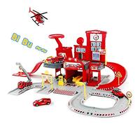 BAKAJI Garage Stazione Vigili del Fuoco Giocattolo Bambini con Pompa Benzina Rampe a Scivolo Pista Sirena Funzionante Luci e Suoni + Veicoli Elicottero Camion Macchinine Pompieri