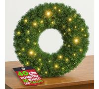 BAKAJI Ghirlanda Natalizia Verde con LED Bianco Caldo, Corona Addobbo di Natale Luminoso per Interni ed Esterni, Decorazioni Natalizie Luminose Fuoriporta, Sopra Camino, Versatile (40 cm)