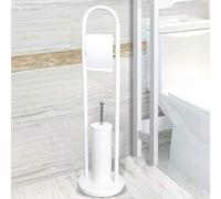 Bakaji Home Portarotolo Carta Igienica Con Porta Scopino e Spazzolone In Metallo Linear Base Rotonda di Design Dimensione 22 x 81 cm Accessori Arredo Bagno (Bianco)