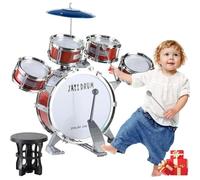 BAKAJI Kit Batteria Jazz per Bambini Strumento Musicale con 5 Tamburi e Sgabello, Strumenti Musicali Giocattolo per Ragazzi, Tamburo, Percussione, Bacchette e Pedale, Idea Regalo