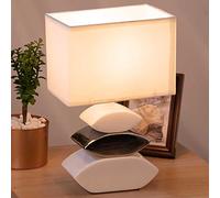 BAKAJI Lampada da tavolo Base a 3 Pietre in Ceramica Paralume in Tessuto Lume Comodino Camera da Letto Luce Lampadina E14 Max 40W Abatjour Design Moderno Dimensioni 19 x 12 x 31 cm (Bianco/Silver)