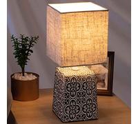 BAKAJI Lampada da tavolo Base a cubo Decorata in Ceramica Paralume in Tessuto Tortora Lume Comodino Camera da Letto Luce Lampadina E27 Max 40W Abatjour Design Moderno Dimensioni 35 x 15 cm