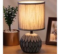 BAKAJI Lampada da tavolo Base a Sfera Decorata in Ceramica Paralume in Tessuto Grigio Lume Comodino Camera da Letto Luce Lampadina E14 Max 40W Abatjour Design Moderno Dimensioni 26 x 14 cm