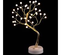 BAKAJI Lampada da Tavolo Forma Albero Bonsai 36 Luci Bianco Caldo Lume da Comodino Accensione Touch Design Moderno Struttura in Fil di Rame Alimentazione con Cavo USB o Batteria Colore Gold