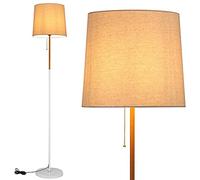 BAKAJI Lampada Piantana da Terra Luce Lampadina E27 Max 60W Base Rotonda Struttura in Metallo e Legno Paralume in Tessuto Design Moderno Accensione a Catena Altezza 170 cm (Bianco)