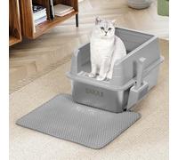 BAKAJI Lettiera per Gatti XL Aperta con Base in Acciaio con Bordo Anti Sabbiolina, Paletta per Raccolta, Tappetino Anti Sporco, Base Antiscivolo, Capacità 25 Litri, Colore Grigio, 50 x 35 x 30 cm