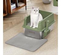 BAKAJI Lettiera per Gatti XL Aperta con Base in Acciaio con Borso Anti Sabbiolina, Paletta per Raccolta, Tappetino Anti Sporco, Base Antiscivolo, Capacità 25 Litri, Colore Verde, 50 x 35 x 30 cm