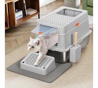 BAKAJI Lettiera per Gatti XXL con Base in Acciaio e Sportellino Bloccabile, Pedana Anti Sabbiolina, Paletta per Raccolta con Contenitore e Tappetino Antisporco, Capacità 35 Litri, 60 x 40 x 38.5 cm