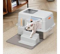 BAKAJI Lettiera per Gatti XXL con Base in Acciaio Inossidabile da 35 Litri e Scaletta Anti Sabbiolina, Sportellino Trasparente con Blocco, Paletta con Contenitore, Tappetino Antisporco 60 x 40 x 39 cm