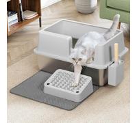 BAKAJI Lettiera per Gatti XXL Semiaperta con Base in Acciaio Inossidabile, Capacità 35 Litri e Pedana Anti Sabbiolina, Paletta con Contenitore e Tappetino Antisporco, 60 x 40 x 30 cm