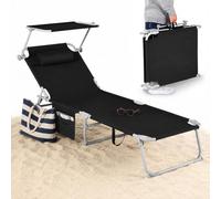 BAKAJI Lettino Pieghevole da Spiaggia con Parasole Reclinabile e Cuscino Ergonomico, Sdraio da Mare in Acciaio Verniciato, Tessuto Oxford 600D, Tasca Portaoggetti, Struttura Salvaspazio, Nero
