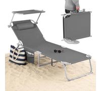 BAKAJI Lettino Pieghevole da Spiaggia in Acciaio con Parasole Reclinabile, Sdraio da Mare con Cuscino Ergonomico e Tasca Portaoggetti, Tessuto Oxford 600D Traspirante, Grigio