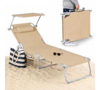 BAKAJI Lettino Pieghevole da Spiaggia per Esterno, Sdraio da Mare con Parasole Reclinabile e Cuscino Ergonomico, Struttura Salvaspazio e Tasca Portaoggetti, Rivestimento Traspirante (Ecru)