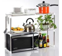 BAKAJI Mensola Salvaspazio Porta Microonde in Acciaio Estensibile, Scaffale da Cucina Allungabile con Ripiano Portaspezie, Mobile Estendibile con Ganci e Piedini Antiscivolo, Design Moderno