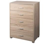 BAKAJI Mobile Cassettiera Mobiletto 5 Cassetti in Legno MDF Pomelli in Metallo Design Moderno Arredamento Casa Camera da Letto Colore Quercia (68 x 40 x 100 cm)