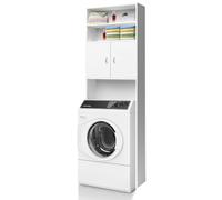 BAKAJI Mobile per Lavatrice da Bagno Lavanderia Salvaspazio, Mobiletto Armadio a Colonna, 3 Mensole e 2 Ante, Armadietto Legno Bianco per Corridoio, Design Minimal, Ripiano Capiente, 63 x 20 x 185 cm