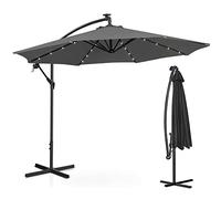 BAKAJI Ombrellone da Giardino Terrazzo con Luce 32 LED e Pannello Solare Dimensioni 3x3 Mt Richiudibile Palo Laterale Decentrato Acciaio Base Croce in Tessuto Anti UV (Grigio)