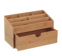 Bakaji Organizer Portaoggetti Da Scrivania in Legno di Bambu' con 6 Scomparti e Cassetto Colore Bamboo Naturale Dimensione 25,5 x 13 x 15 cm